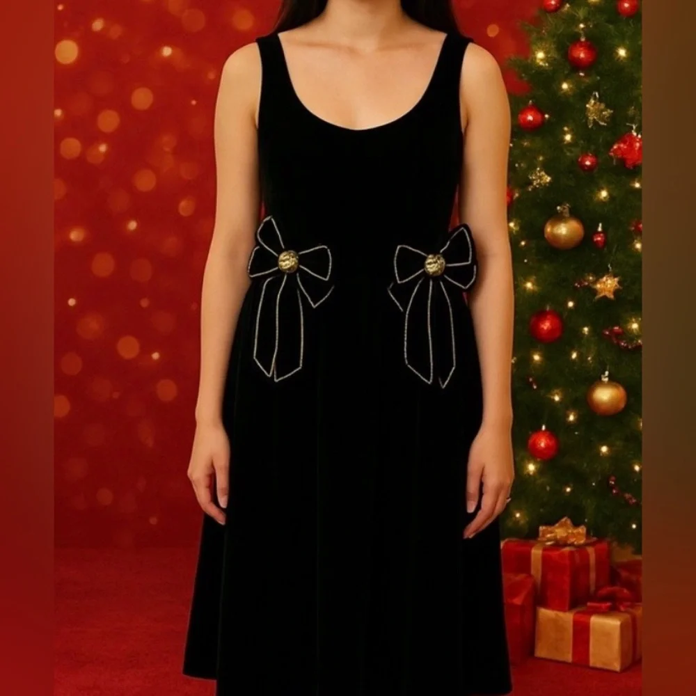 Moon River Elegant Black Midi Dress with Bow Accents NWT S - Picture 1 of 3